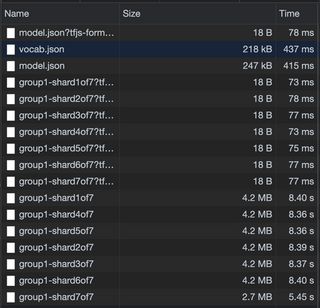 Chrome network panel showing model chunks downloading.