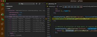 Picture of vscode debugger and 11ty debugging filter